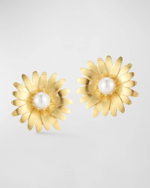 18k Yellow Gold Daisy Pearl Stud Earrings